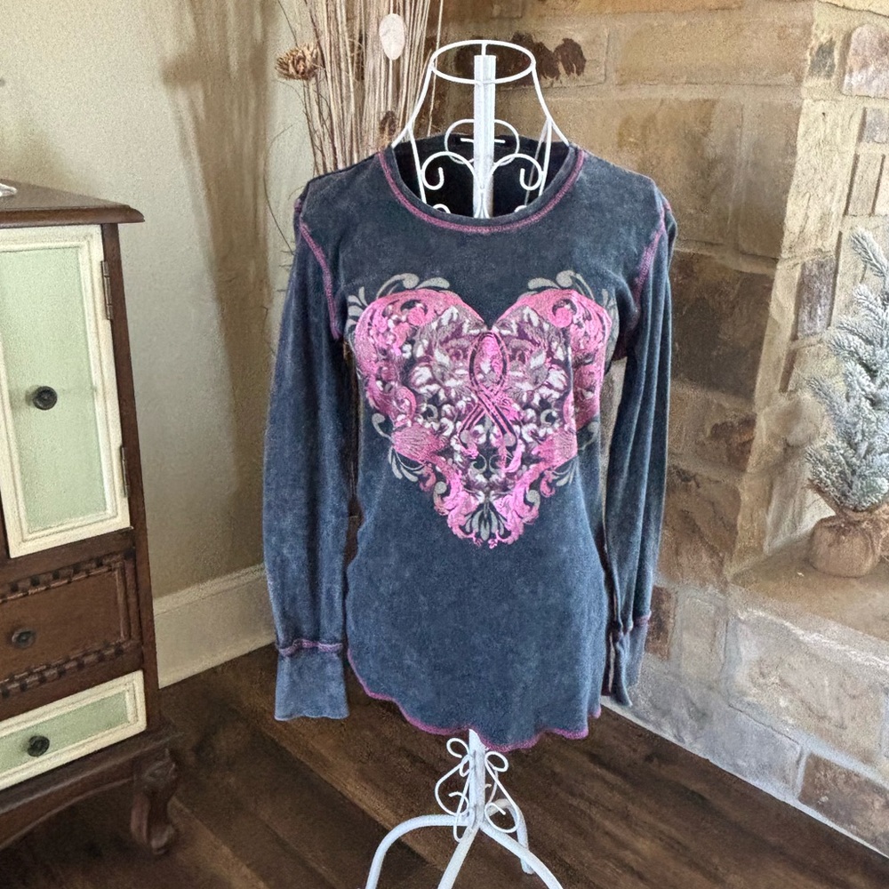 Style & Co. Gray and Pink Heart Long Sleeve Top